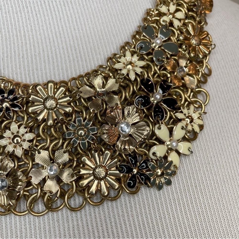 Gold Tone Floral Bib Necklace with Blue and Grey Accent Flowers - Picture 3 of 5